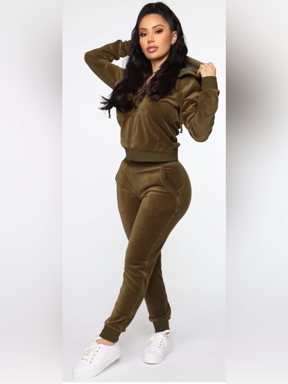 Velour High-Waist Jogger Pants - Olive Green